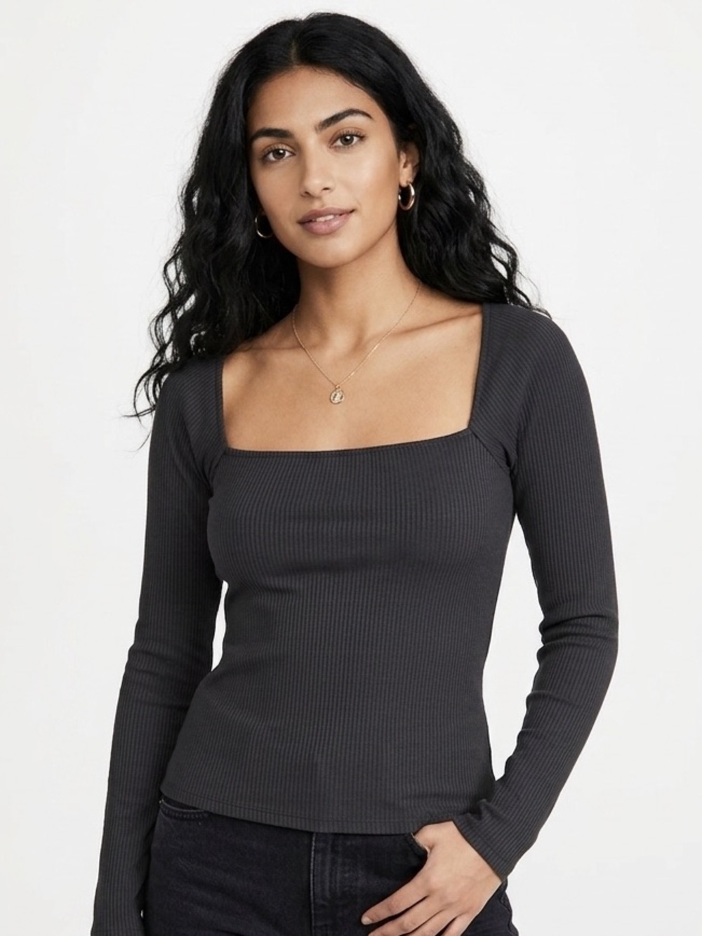 OAK + FORT | NWT LONG SLEEVE SQUARE NECK RIBBED SHIRT